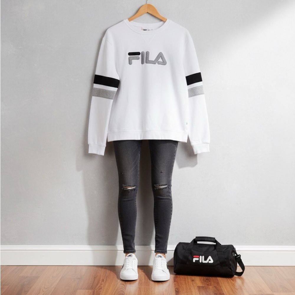 Fila White Sweatshirt with Black and Gray Accents